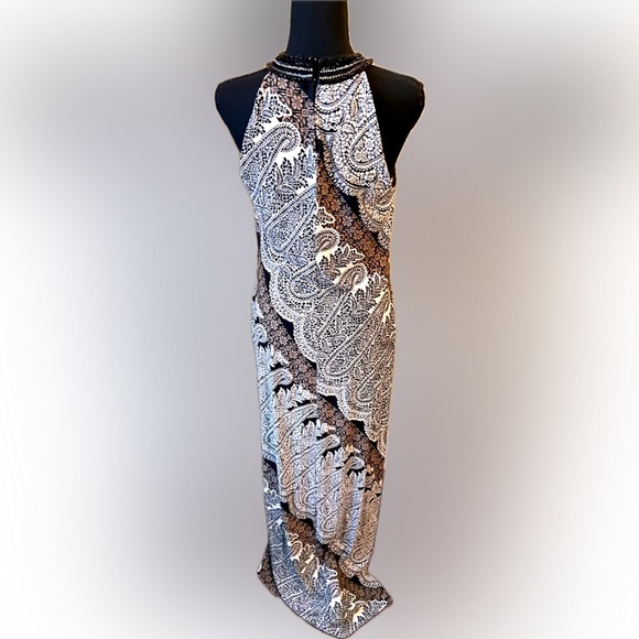 Tommy Bahama Maxi Tropical Black & White High Neck Dress Size Small Petite - Picture 2 of 6